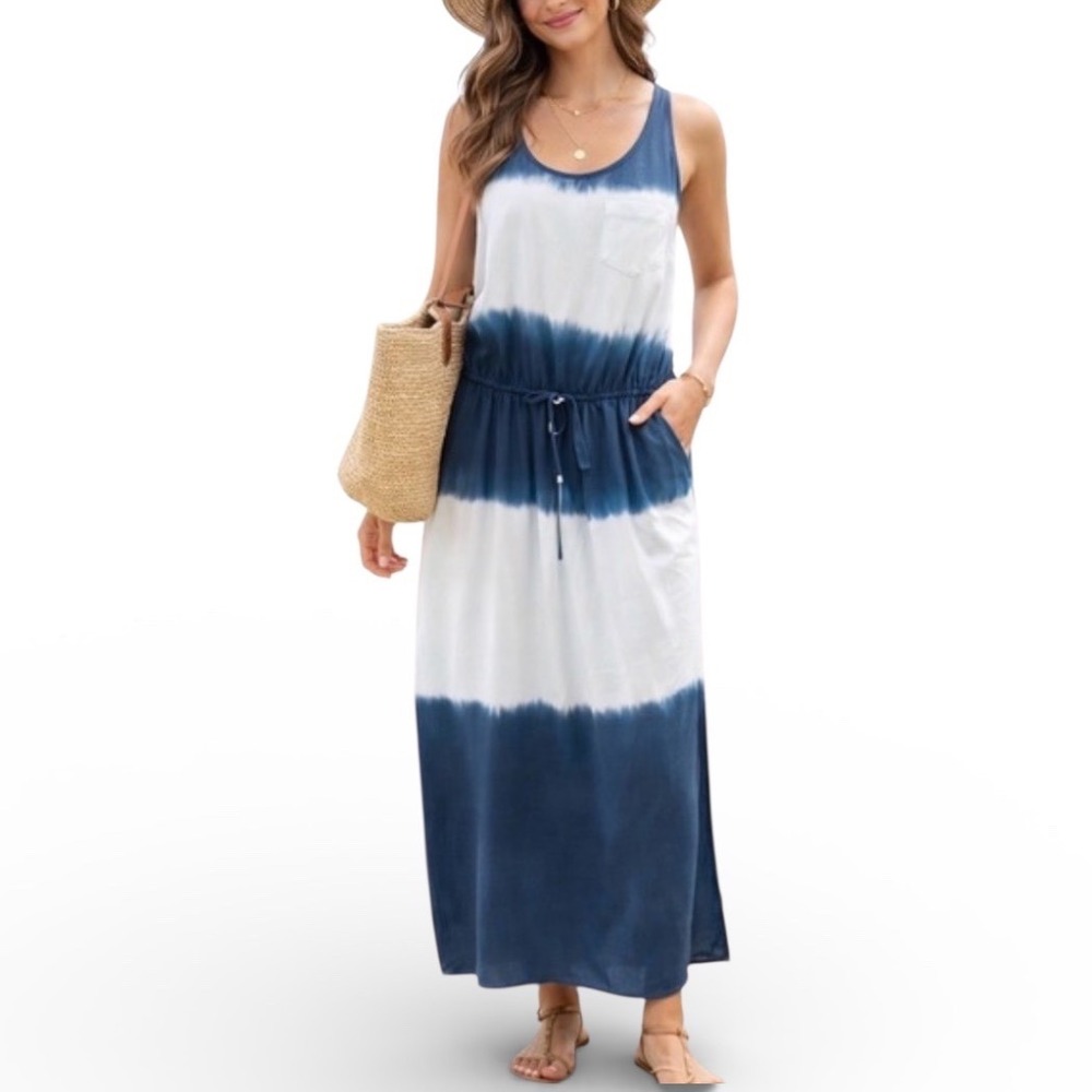 Bella Dahl Blue Tie Dye Maxi Dress Sleeveless‎ Drawstring Waist Resortwear Large